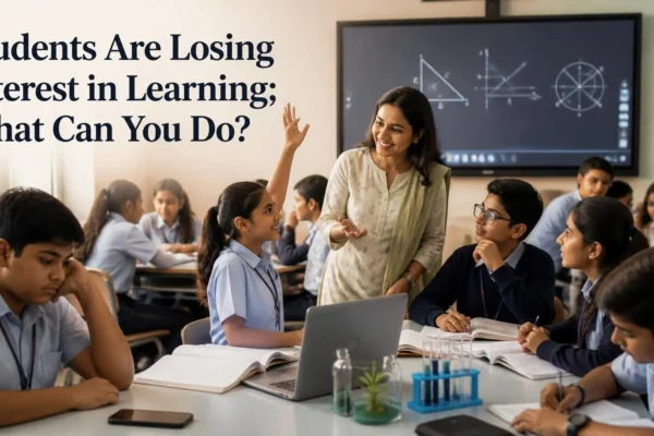 Teacher helping students regain interest in learning in a modern classroom