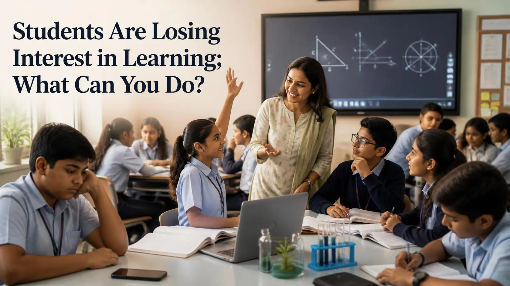 Teacher helping students regain interest in learning in a modern classroom