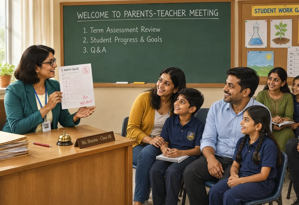 A teacher discussing a student's academic progress and overall development with parents during a school meeting.