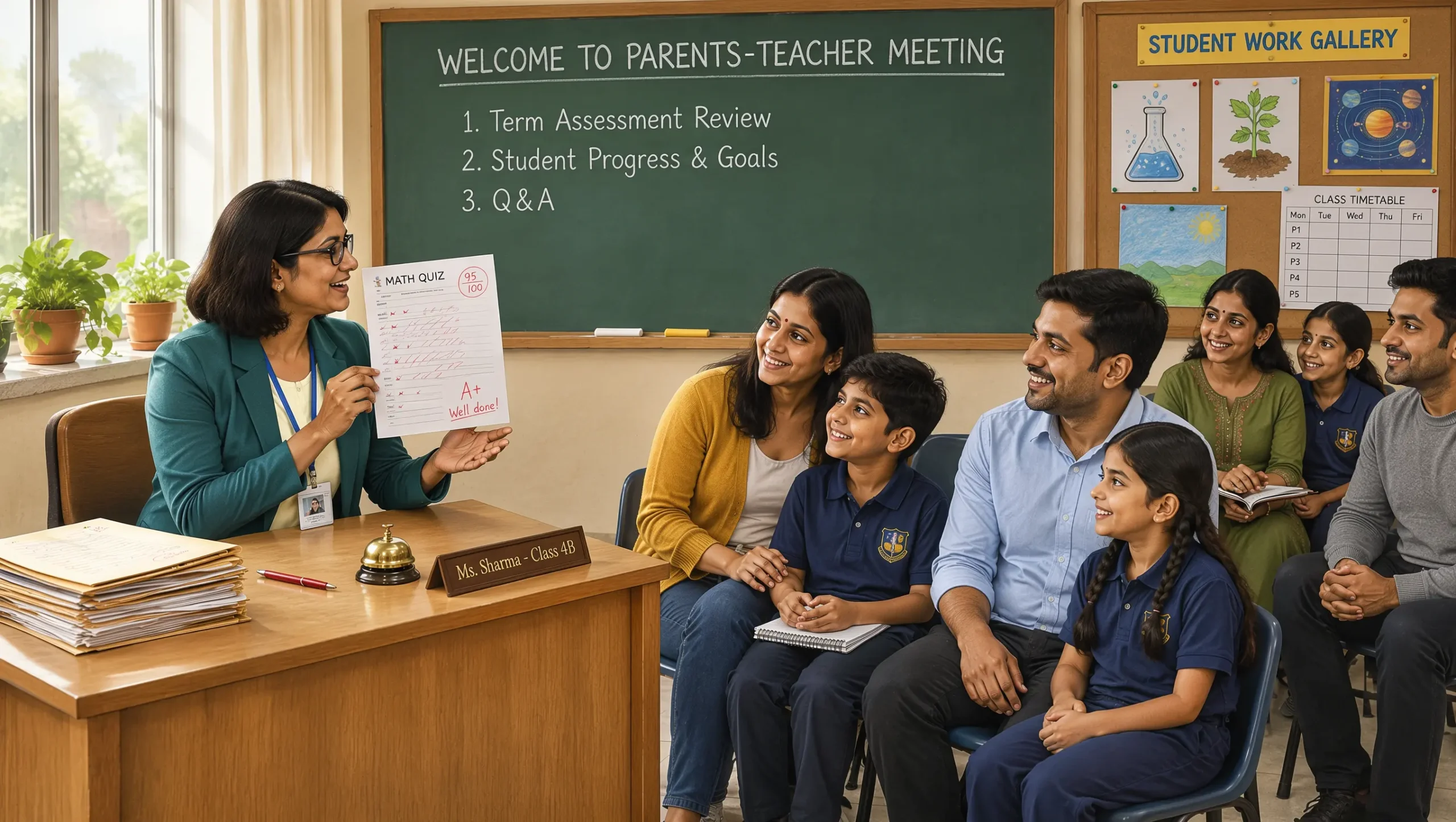 A teacher discussing a student's academic progress and overall development with parents during a school meeting.
