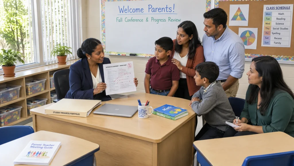 Teacher discussing a student's progress with parents during a parent-teacher meeting.