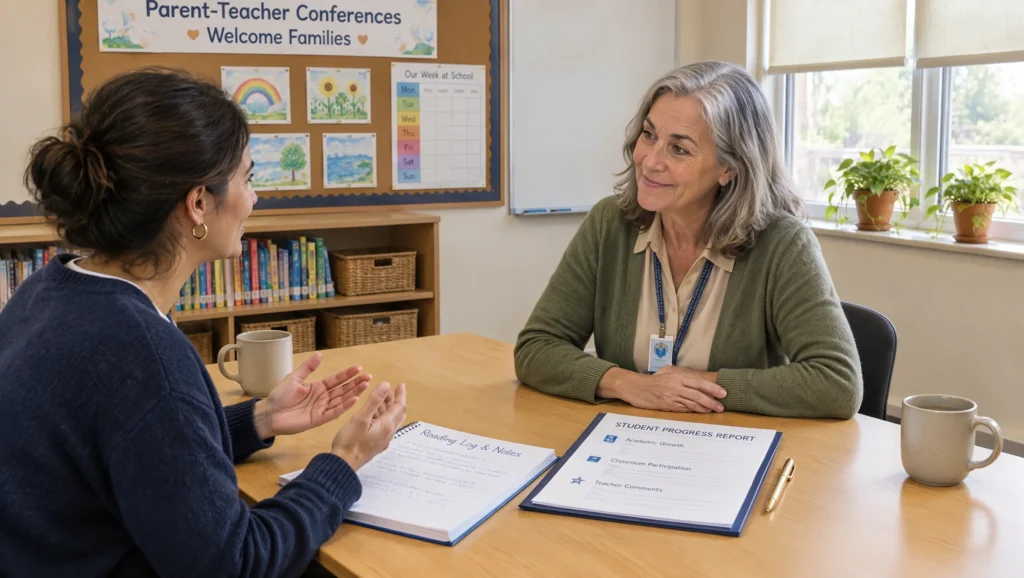Teacher discussing a student's progress with parents during a parent-teacher meeting.
