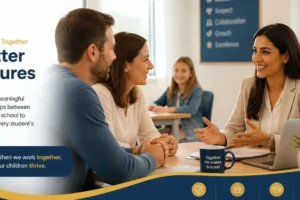 Teacher communicating respectfully with parents to support student learning and development.