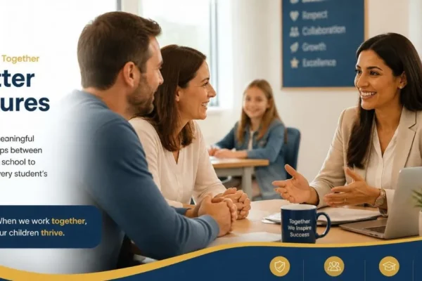Teacher communicating respectfully with parents to support student learning and development.
