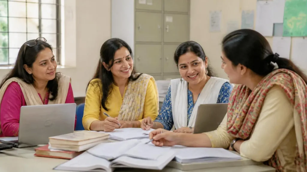 Teachers are talking to each other.