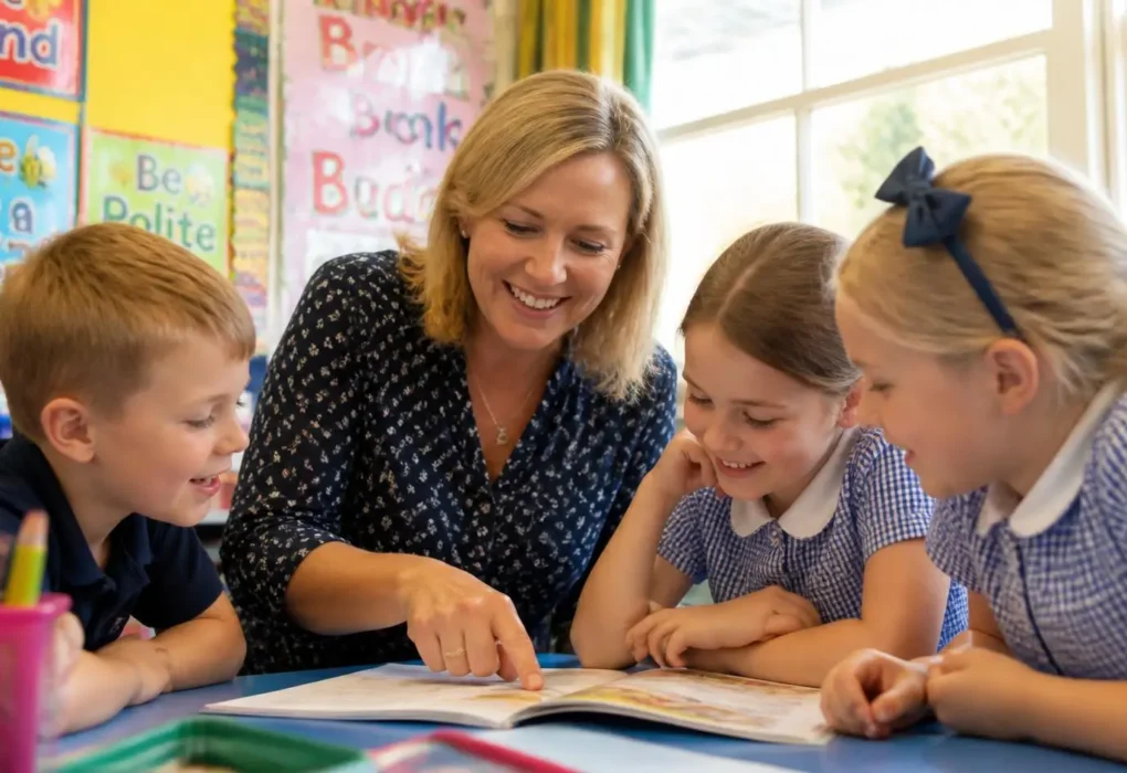 Teacher helping primary school students improve English reading skills in a classroom.