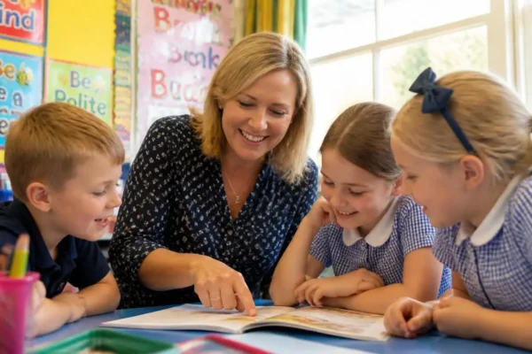 Teacher helping primary school students improve English reading skills in a classroom.