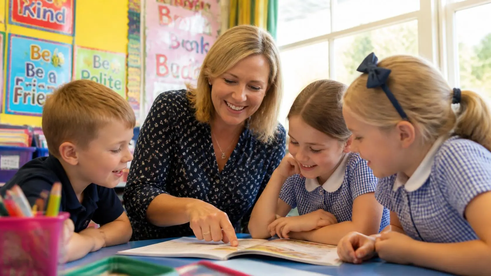 Teacher helping primary school students improve English reading skills in a classroom.