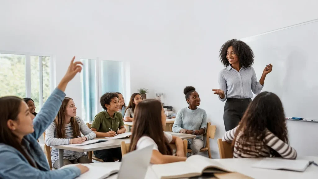 Teacher using effective teaching strategies to engage students in a modern classroom.