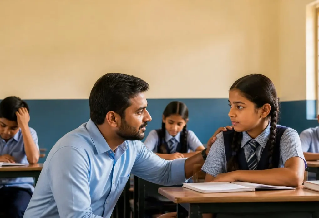 A school teacher listening patiently to a student in a classroom.