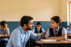 A school teacher listening patiently to a student in a classroom.