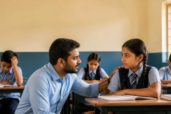 A school teacher listening patiently to a student in a classroom.