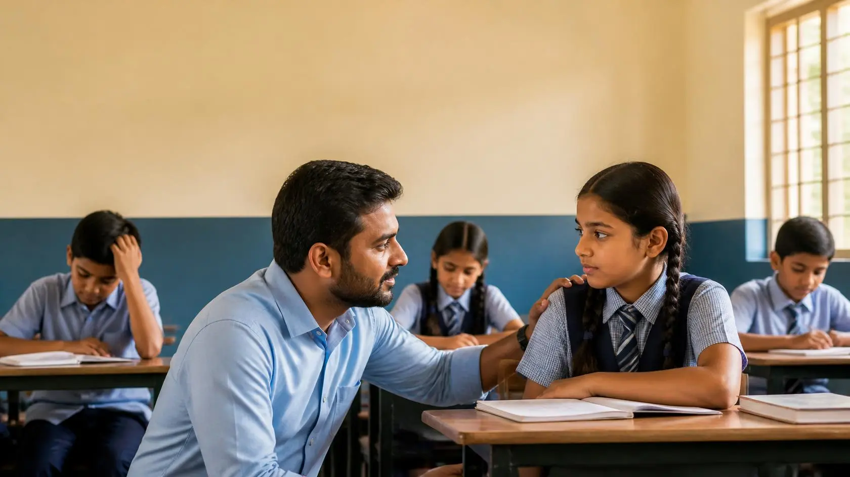 A school teacher listening patiently to a student in a classroom.