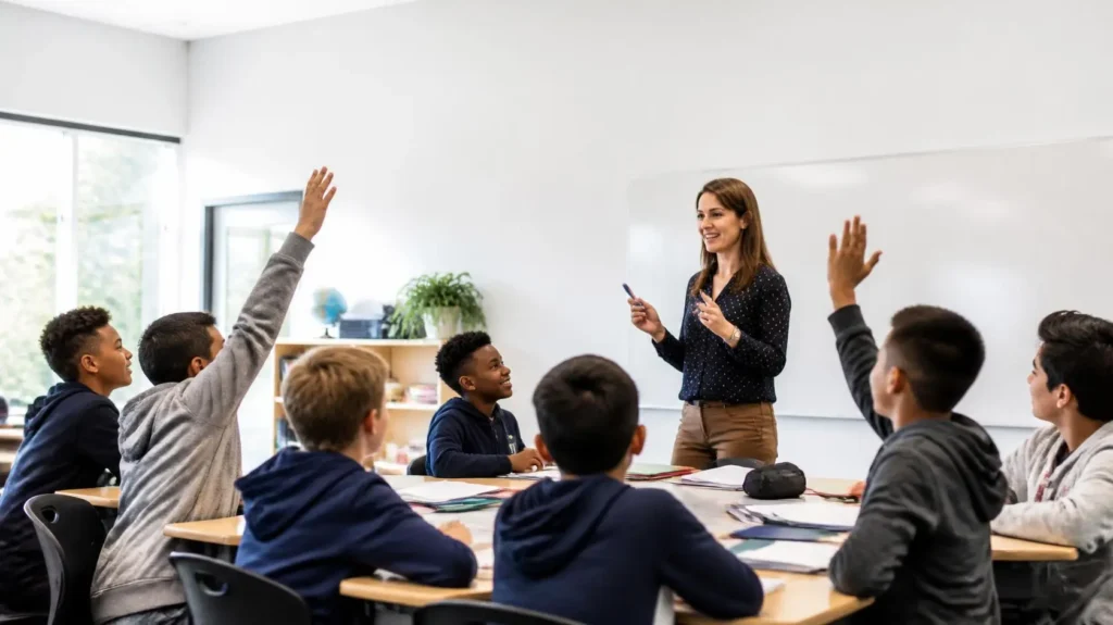 Teacher using effective teaching strategies to engage students in a modern classroom.